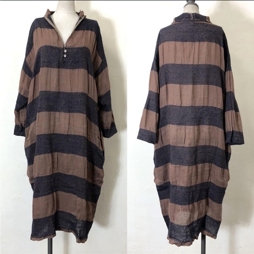 Ichi Antiquités Wide Stripe Long Sleeve Dress w/ collar, buttons, pockets